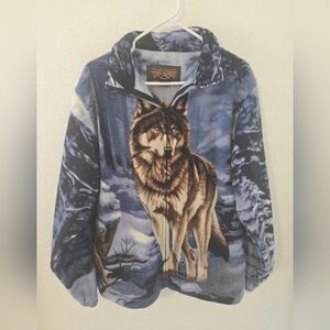 Vintage Trail Crest Wolf Animal Fleece Wood Outdoors Wolves Jacket Mens Large